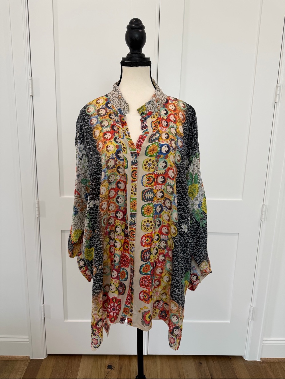 Johnny Was Babette Silk Russian Nesting Doll Print Tunic Blouse XL